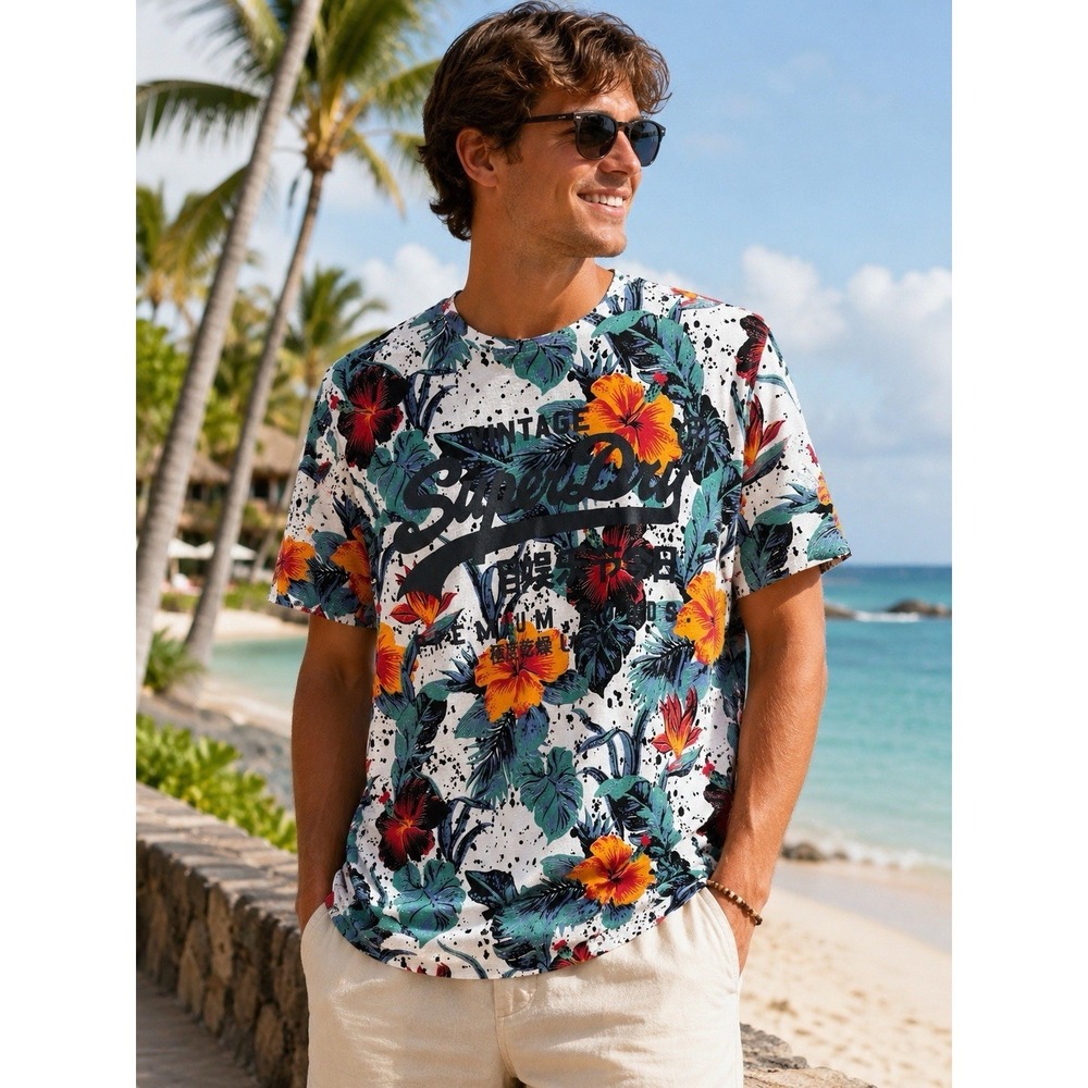 SuperDry Tropical Floral Graphic T Shirt- 2XL-Hawaiian Summer Beach Casual Tee